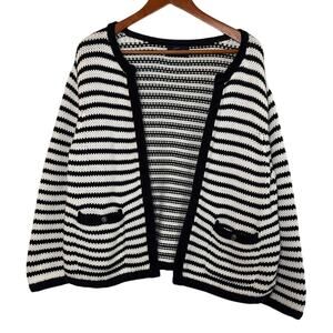 Land's End Drifter Open Front Striped Cardigan Sweater Size L Anchor Fisherman